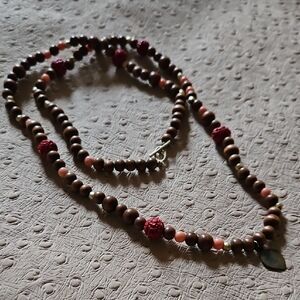 Vintage Elegant Brown Sandalwood, Pink Coral and Cinnabar Beaded Necklace